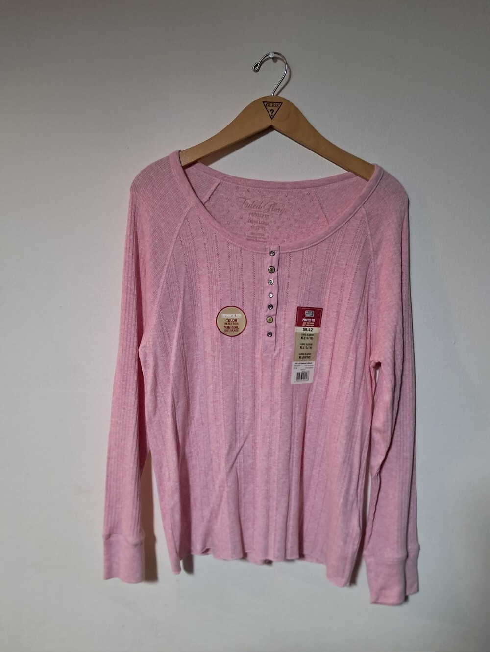 Faded Glory Y2K 2006 Cotton Pink Heather Raglan Henley Long Sleeve Top XL.